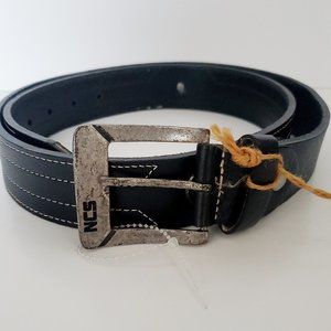 NCS Women's Country Western Black Leather Belt White Stitch Rustic Silver Buckle